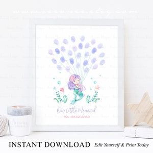 INSTANT DOWNLOAD Editable Lavender Mermaid Birthday Fingerprint Guest Book Alternative, Purple Mermaid Party Thumbprint Poster Sign Gift