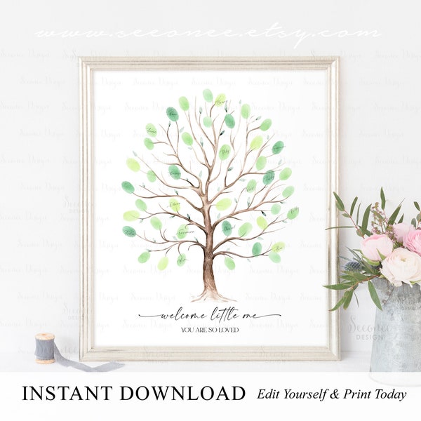 INSTANT DOWNLOAD Editable Baby Shower Fingerprint Tree Guestbook Alternative, Thumbprint Art Poster Sign, Welcome Baby Keepsake Gift Ideas