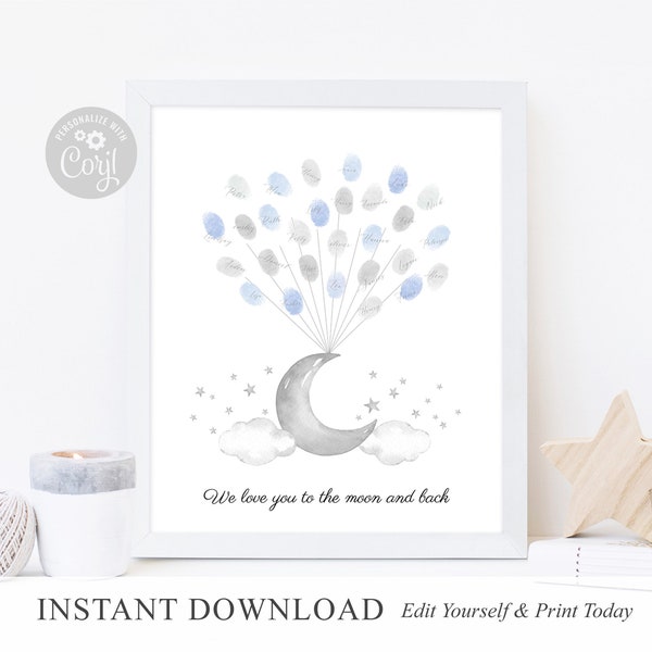 INSTANT DOWNLOAD Editable Gray Silver Moon Guestbook Alternative, Baby Shower Guest Book Sign, Moon Star Fingerprint Balloon Birthday Gift