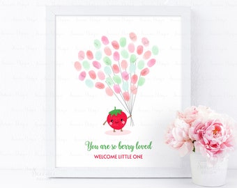 Editable Strawberry Baby Shower Fingerprint Guestbook, Cute Sweet Strawberry Baby Shower Thumbprint Guest Book Sign Poster, Baby Keepsake