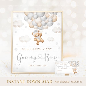 Gender Neutral Teddy Bear Guess How Many Sign Ticket, Winter Bear Baby Shower Game Sign How Many Bears Are In The Jar Game Printable A1B4