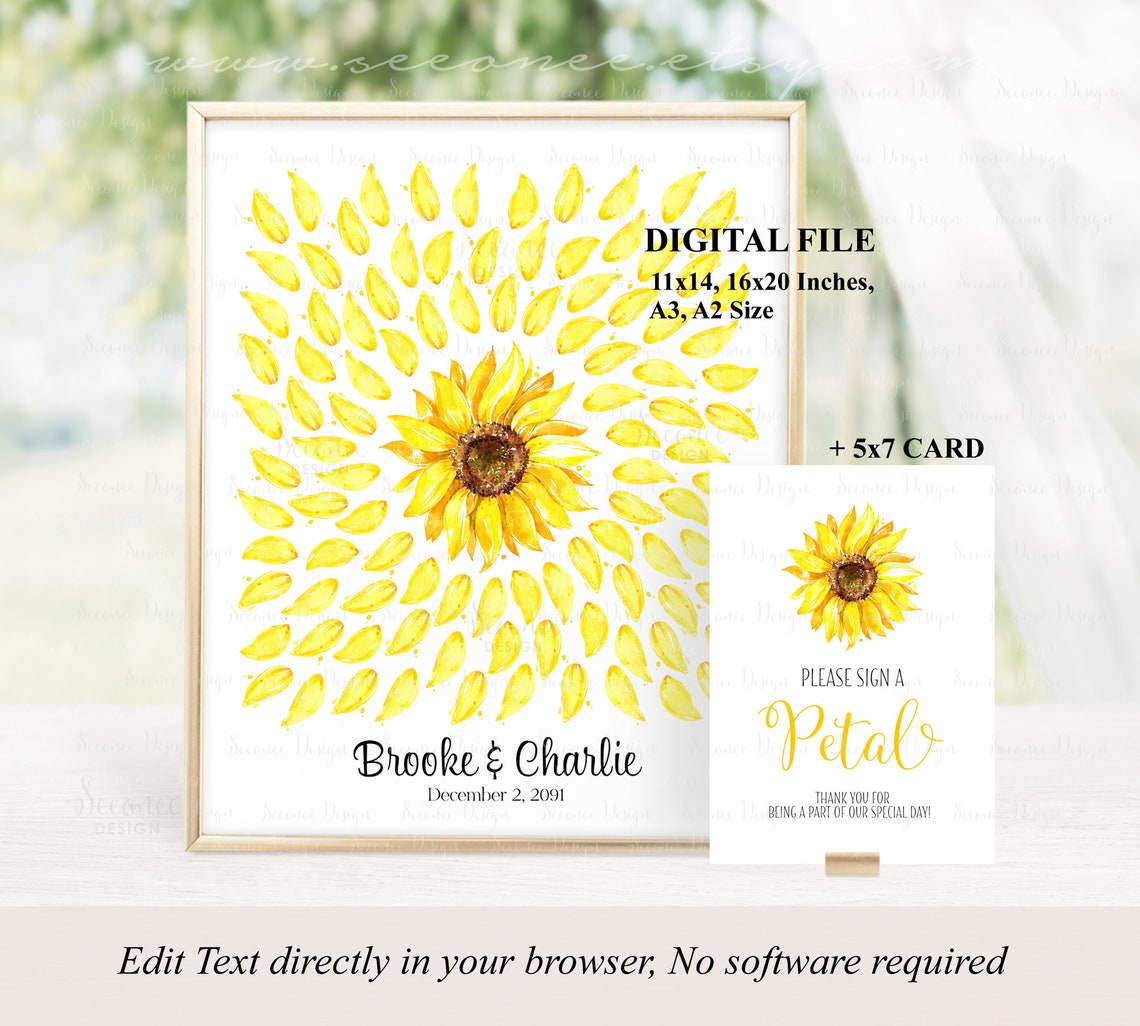 Sunflower Signature INSTANT DOWNLOAD Editable Sunflower Petals Signature Wedding Guestbook ...