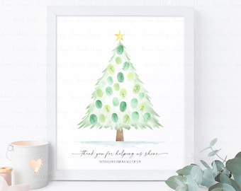 May include: A printable watercolor Christmas tree with green and white circles for guests to sign their names. The text reads "Thank you for helping us shine. With love from all of us."