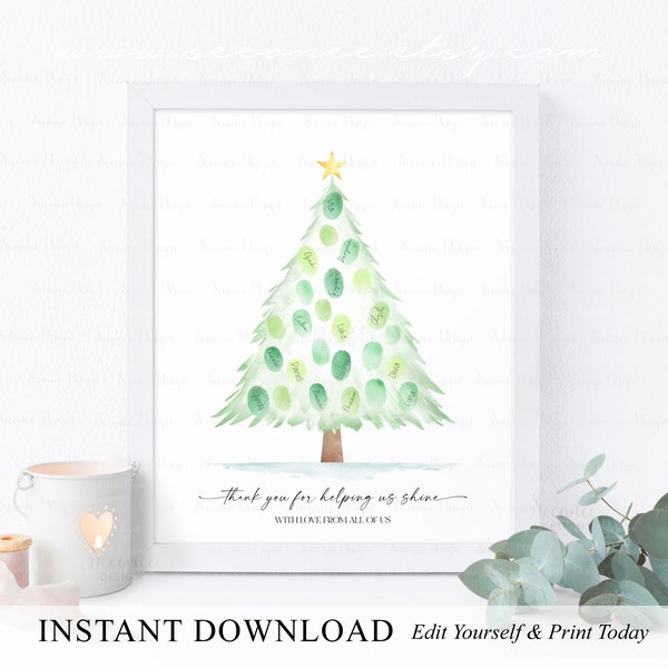 INSTANT DOWNLOAD Editable Christmas Tree Teacher Gift, Holiday Teacher Appreciation Gift Ideas, Fingerprint Tree Art, Gift From Students