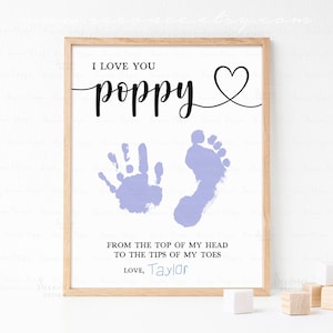 Grandfather Birthday Gift Ideas, Fathers Day Poppy Handprint Footprint Craft Printable, DIY Baby Kids Toddler Hand Print Gift For Grandpa