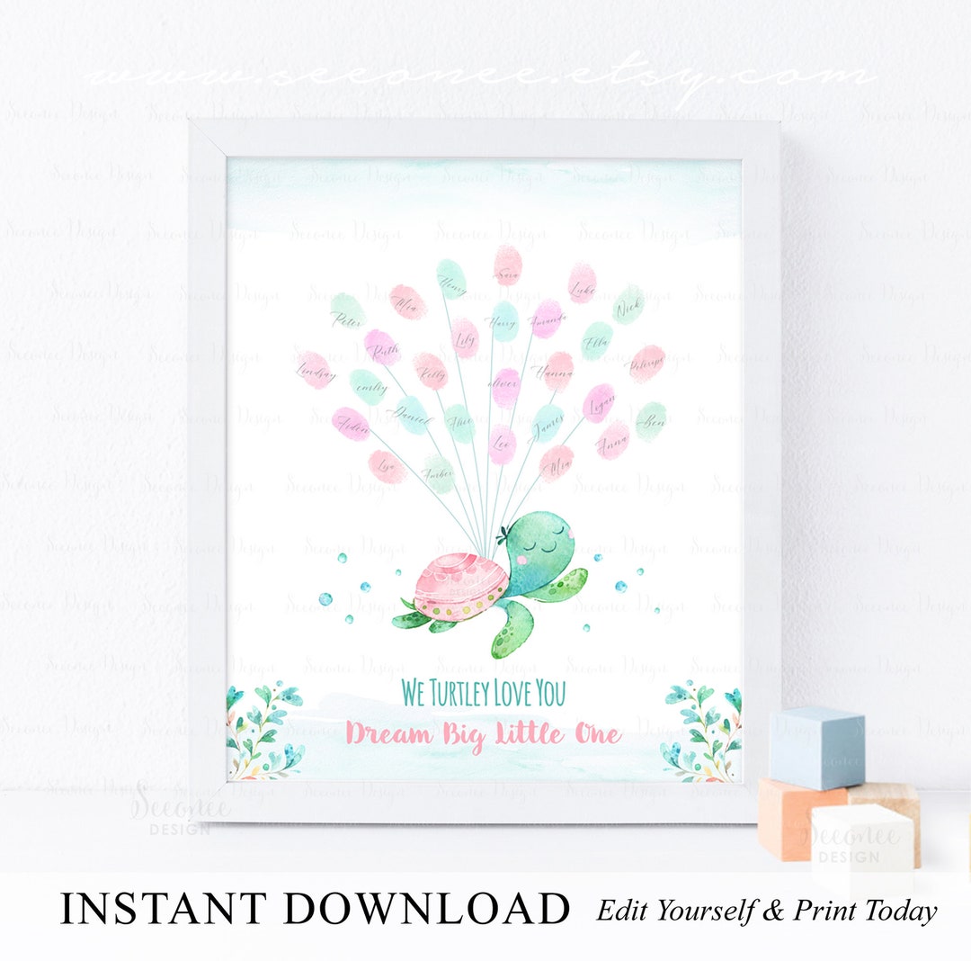 Editable Pink Sea Turtle Fingerprint Guestbook, Turtle Baby Shower ...