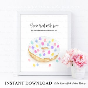 INSTANT DOWNLOAD Editable Donut Fingerprint Guestbook Alternative, Sweet Donut Party Thumbprint Keepsake Gift, Sprinkle Party Decor Ideas