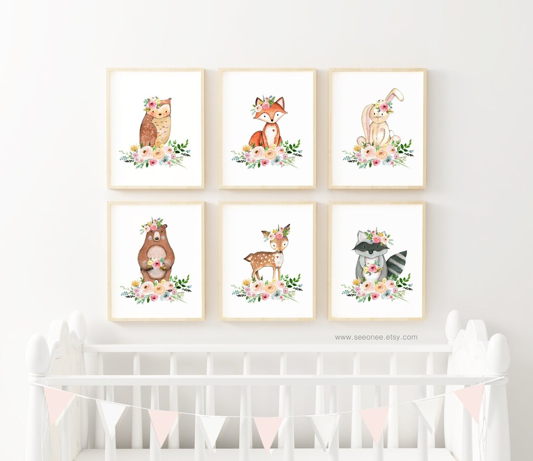12x16" Set of 6 Flower Woodland Animals Nursery Art Print, Forest ...