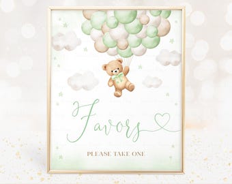 Green Bear Balloon Baby Shower Favors Sign Printable, Neutral Boho Bear We Can Bearly Wait Baby Shower Favors Sign Instant Download A1A7