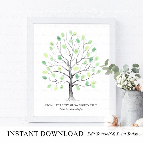 INSTANT DOWNLOAD Editable Thumbprint Tree Guest Book Alternative, Fingerprint Tree Sign Keepsake Gift, Watercolor Tree Personalized Gift