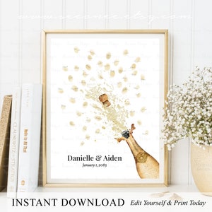 INSTANT DOWNLOAD Editable Champagne Wedding Fingerprint Guestbook Alternative, Anniversary Thumbprint Guest Book Sign, Engagement Gift Ideas