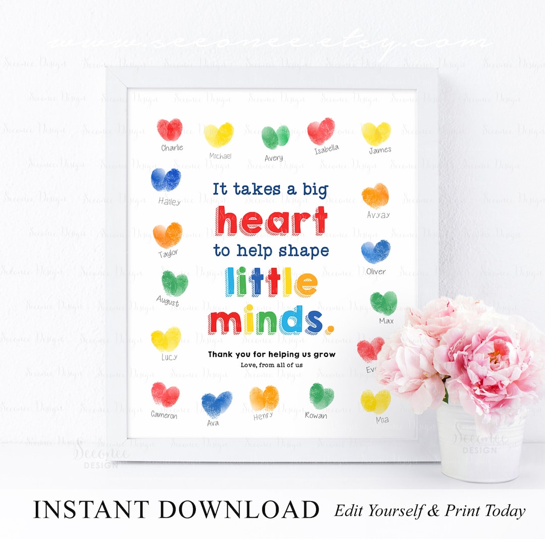 Editable Teacher Appreciation Gift Fingerprint Art, It Takes A Big ...