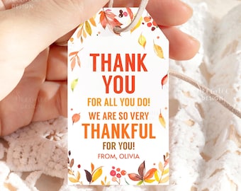 Thank You Thanksgiving Tag Printable, Thankful For You Gift Tags, Fall Thanksgiving Treat Tag, Teacher Staff Employee Team Appreciation Tag