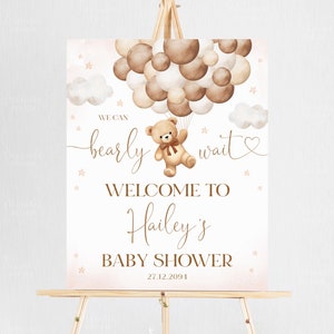 Bearbeitbares Braunbär-Ballon-Babyparty-Willkommensschild, Geschlechtsneutral Wir können Bär-Babyparty-Willkommensschild-Druck bedruckbar, A1A2