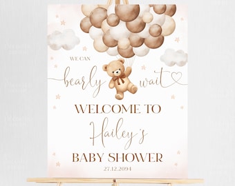 Editable Brown Bear Balloon Baby Shower Welcome Sign, Gender Neutral We Can Bearly Wait Bear Baby Shower Welcome Sign Poster Printable, A1A2