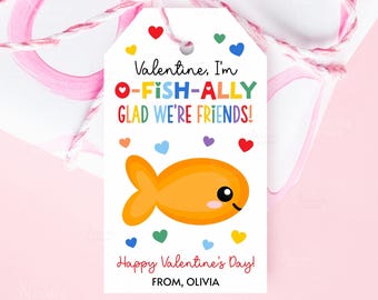 O-Fish-ally Glad We're Friends Valentine Gift Tag Printable Valentine's Day Goldfish Tags Preschool Classroom School O Fish Ally Gift Cards