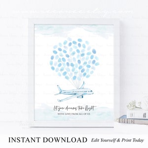 INSTANT DOWNLOAD Editable Blue Airplane Fingerprint Guest book Alternative, Travel Party Plane Thumbprint Guestbook Poster, Time Flies Gift