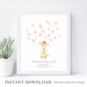 May include: A printable baby shower guest book featuring a cute cartoon giraffe holding pink balloons. The balloons have space for guests to sign their names. The text reads "Welcome to the world little one with love from all of us".