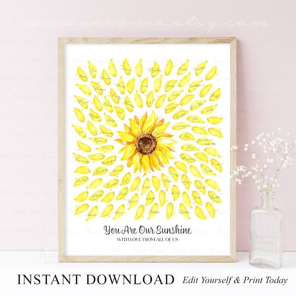 INSTANT DOWNLOAD Editable Sunflower Petals Sign In Poster, Sunflower Baby Shower Signature Guestbook Alternative, Sunflower Keepsake Gift