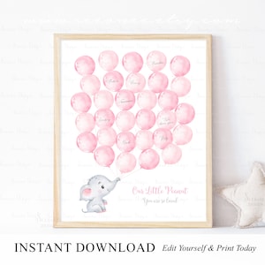 SOFORTIGER DOWNLOAD Bearbeitbares Rosa Elefanten Ballon Gästebuch Zeichen Poster, Rosa Elefant Baby Shower Ballon Unterschrift Gästebuch Alternative