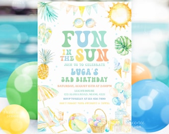 Editable Fun In The Sun Birthday Party Invitation Tropical Summer Splish Splash Boy Pool Birthday Party Invitation Instant Download PB01