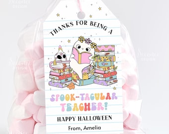 Etiqueta de regalo de Halloween con el mensaje "Gracias por ser un maestro espeluznante", etiquetas de regalo editables para maestros de la fiesta de Halloween de la escuela, etiquetas de agradecimiento para maestros de la escuela