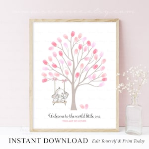 SOFORTIGER DOWNLOAD Rosa Elefant-Babyparty-Fingerabdruck-Baum-Gästebuch-Zeichen, Fingerabdruck-Baum-Geschenk, Baby-Elefant-Andenken Geschenk