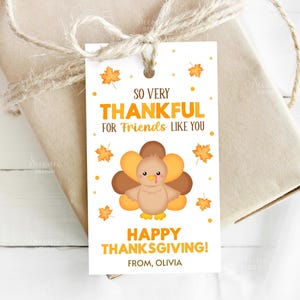 Könnte beinhalten: Ein Thanksgiving-Geschenkanhänger mit einer Cartoon-Truthahn-Illustration. Der Anhänger trägt die Aufschrift "So Very Thankful For Friends Like You" und "Happy Thanksgiving!" mit dem Namen "Olivia". Der Anhänger ist mit einer Schnur an einem verpackten Geschenk befestigt.