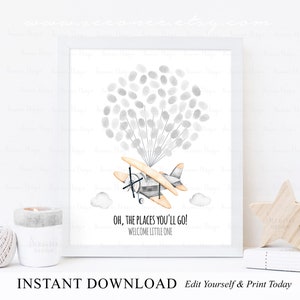 INSTANT DOWNLOAD Editable Airplane Baby Shower Thumbprint Guest Book Sign, Airplane Party, Gender Neutral Baby Shower Keepsake Gift Ideas