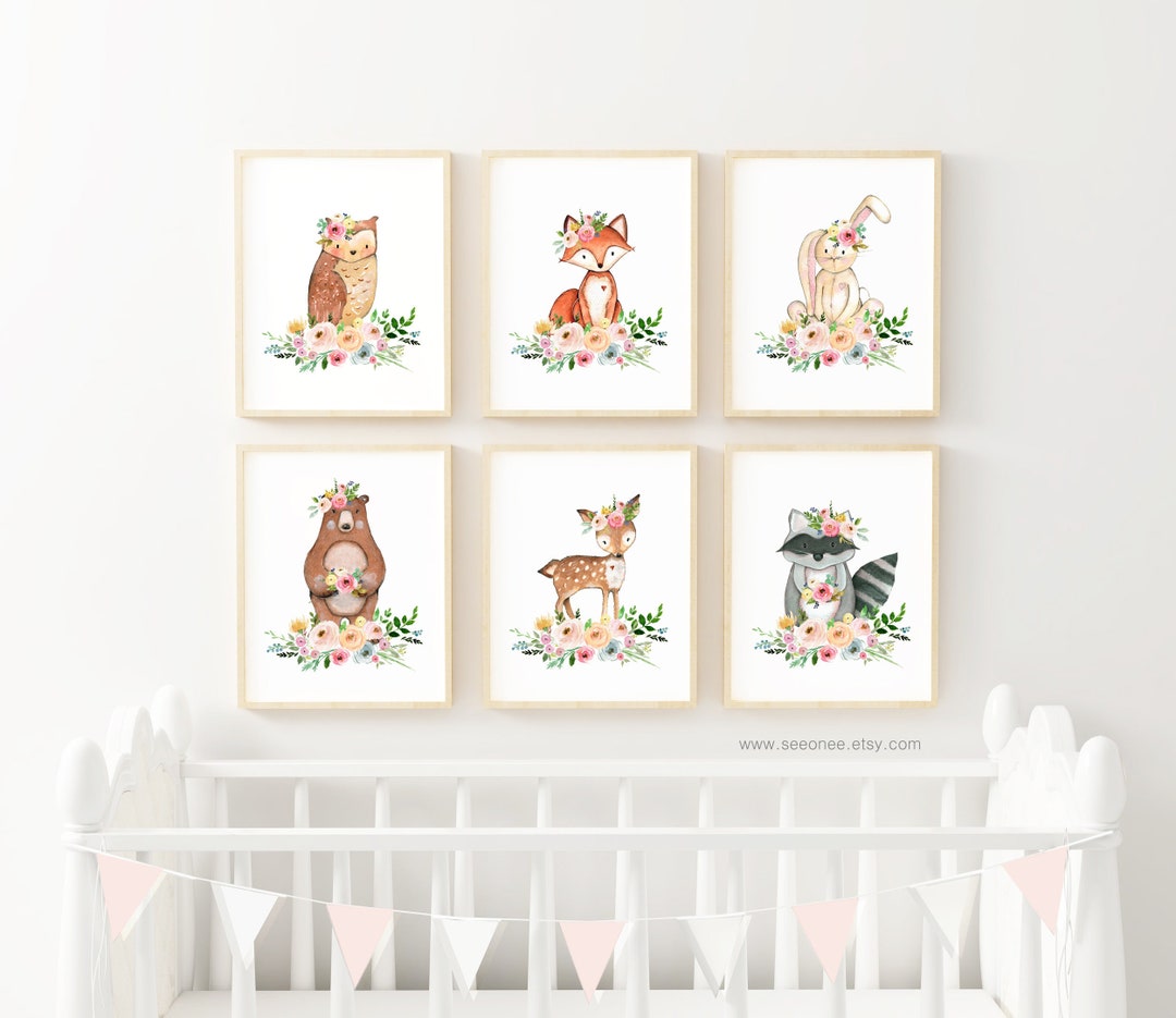 16x20" Set of 6 Flower Woodland Animals Nursery Art Print, Forest ...