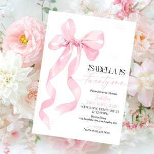 21st Birthday Invitation Template Pink Bow Twenty One Birthday Party Invites Printable Coquette Ribbon Bow Invitation Instant Download A2P1