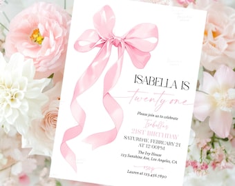 Plantilla de invitación para el cumpleaños número 21, lazo rosa, invitaciones para fiesta de cumpleaños número 21, invitación imprimible con lazo de cinta, descarga instantánea A2P1