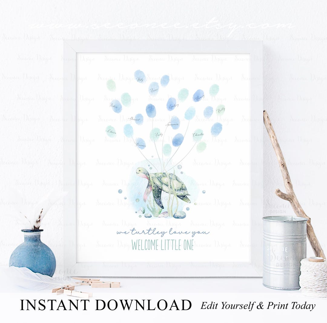 INSTANT DOWNLOAD Editable Baby Shower Sea Turtle Fingerprint Guestbook ...