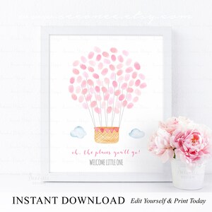 Pink Hot Air Balloon Baby Shower Fingerprint Guestbook Alternative, Editable Thumbprint Guest Book Sign, Baby Keepsake Gift Instant Download