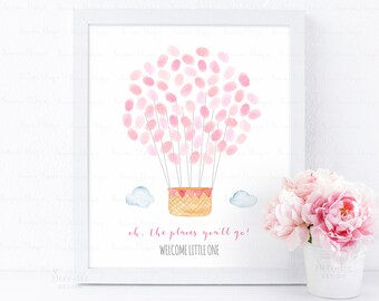 Pink Hot Air Balloon Baby Shower Fingerprint Guestbook Alternative, Editable Thumbprint Guest Book Sign, Baby Keepsake Gift Instant Download