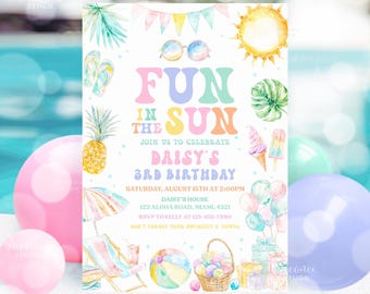 Bearbeitbarer Spaß In Der Sonne-Geburtstagsfeier-Einladung Tropischer Sommer Splish Splash Girl Pool-Geburtstagsfeier-Einladung Sofort-Download PP01