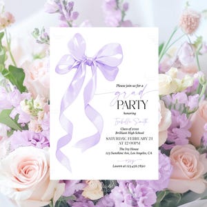 May include: A graduation party invitation featuring a lavender bow and ribbons, with the text "Please join us for a grad party". The invitation includes event details, set against a backdrop of pastel-colored flowers.