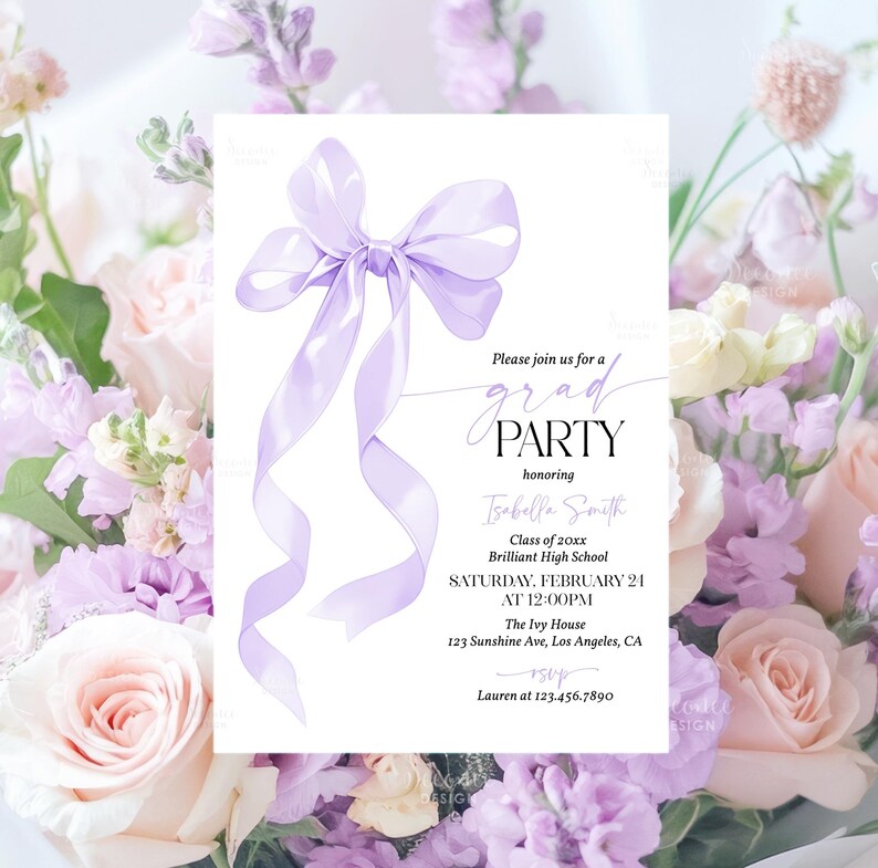 May include: A graduation party invitation featuring a lavender bow and ribbons, with the text "Please join us for a grad party". The invitation includes event details, set against a backdrop of pastel-colored flowers.