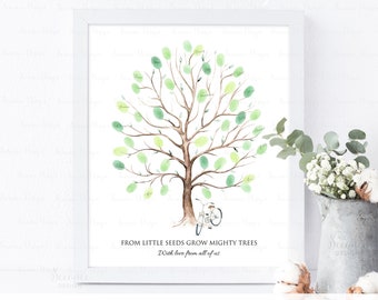 INSTANT DOWNLOAD Editable Fingerprint Tree With Bicycle Guestbook Alternative, Thumbprint Tree Art Gift Ideas, Unique Anniversary Party Gift