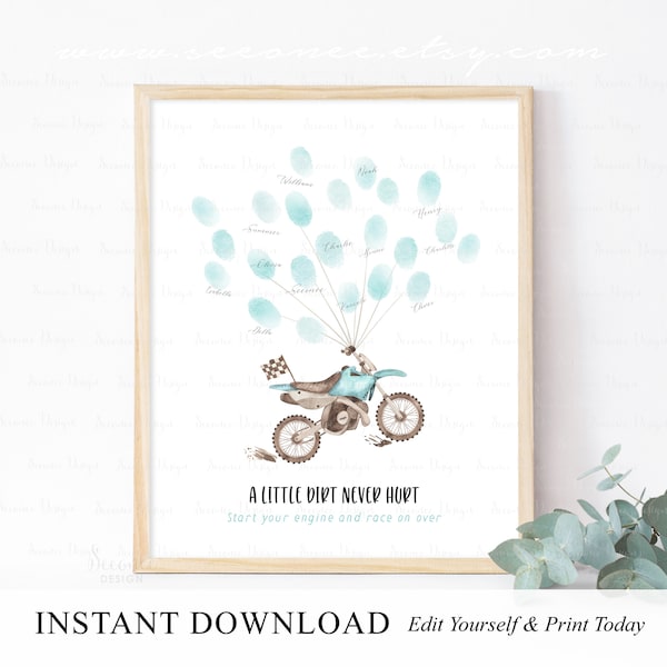 INSTANT DOWNLOAD Editable Blue Dirt Bike Fingerprint Guestbook Alternative, Race On Over Birthday Thumbprint Poster Sign, Motorcycle Party