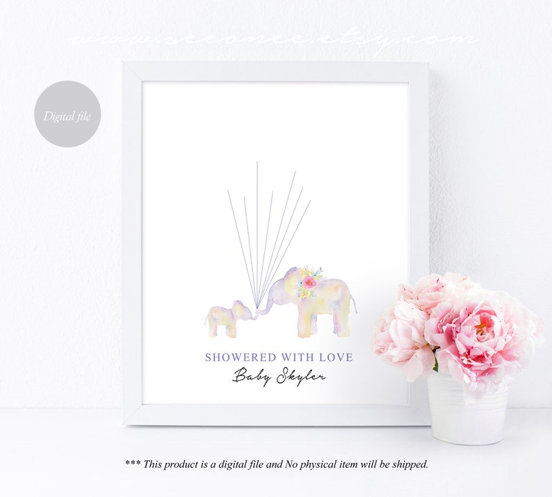 May include: A printable baby shower guest book featuring two watercolor elephants with floral accents. The elephants are in shades of purple, pink, and yellow. The text "SHOWERED WITH LOVE Baby Skyler" is printed below the elephants.