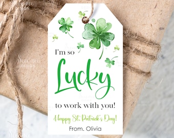 St. Patrick's Day Gift Tags For Coworker, Lucky To Work With You Co-workers Appreciation Tag Printable Template Instant Download Treat Label