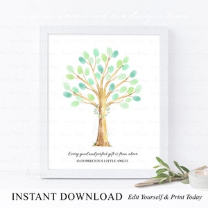 INSTANT DOWNLOAD Editable Baptism Fingerprint Tree Guestbook Alternative, Naming Day Thumbprint Poster Keepsake, Christening Birthday Gift