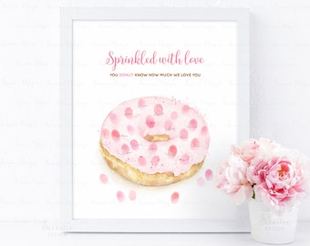 INSTANT DOWNLOAD Editable Pink Donut Guestbook Alternative Sign, Sprinkled With Love Fingerprint Keepsake Gift, Donut Party Decorations Idea