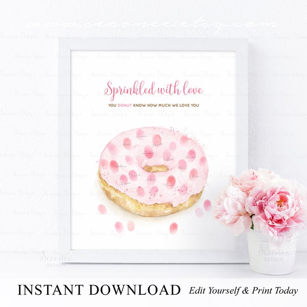 TÉLÉCHARGEMENT INSTANTANÉ Editable Pink Donut Guestbook Alternative Sign, Saupoudré d'amour Fingerprint Keepsake Gift, Donut Party Decorations Idea