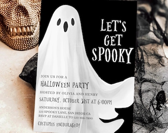 May include: A Halloween party invitation with a white ghost illustration on a black background. The text "Let's Get Spooky" is displayed in white, along with party details. The invitation is on a white card.