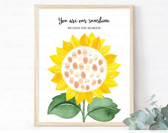 INSTANT DOWNLOAD Editable Sunflower Thumbprint Guestbook Alternative, Sunflower Birthday Fingerprint Guestbook, Baby Shower Keepsake Gift