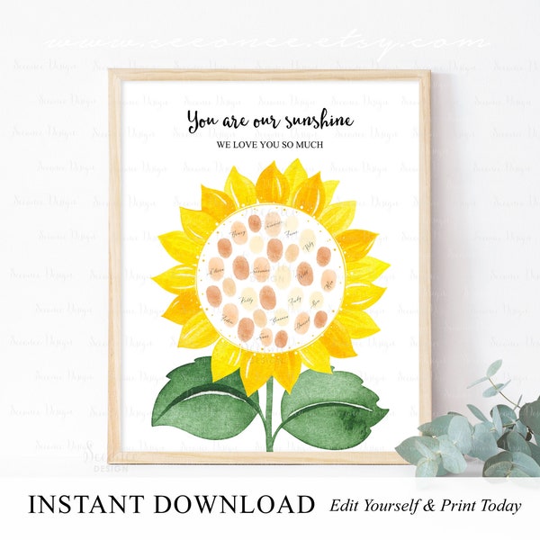 INSTANT DOWNLOAD Editable Sunflower Thumbprint Guestbook Alternative, Sunflower Birthday Fingerprint Guestbook, Baby Shower Keepsake Gift