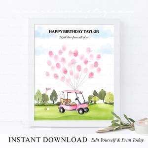 すぐにダウンロードできる編集可能なピンクのゴルフ誕生日指紋ゲストブックサイン、Let's Par Teeゴルフ誕生日指紋ゲストブック記念品、あらゆる年齢層向け