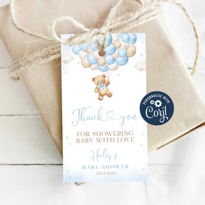 Editable Blue Boy Teddy Bear Baby Shower Thank You Tag, Printable Boho Bear Balloon Baby Shower Favors Tag Template Instant Download A1A1